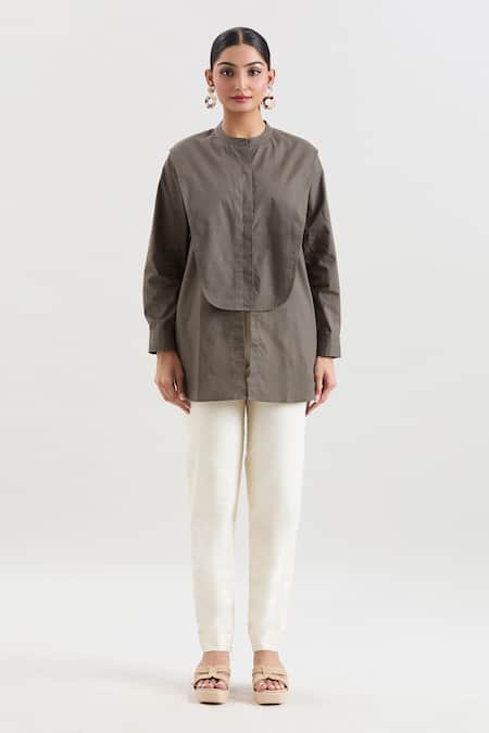 House Of Behram Green Cotton, Poplin Mandarin Collar Front Slit Shirt at Aza Fashions House Of Behram_Green Cotton, Poplin Mandarin Collar Front Slit Shirt_at_Aza_Fashions