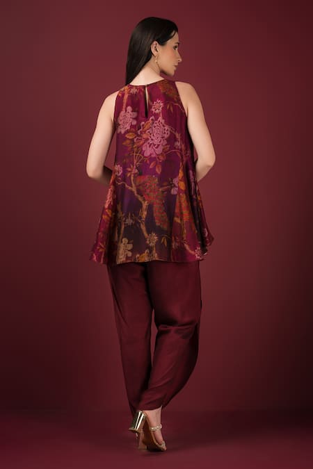Shop_Sonia Baderia_Maroon Silk, Satin Embroidery Flared Floral Print Peplum Kurta And Tulip Pant Set _at_Aza_Fashions