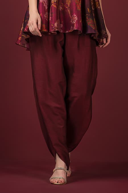 Sonia Baderia_Maroon Silk, Satin Embroidery Flared Floral Print Peplum Kurta And Tulip Pant Set _Online_at_Aza_Fashions