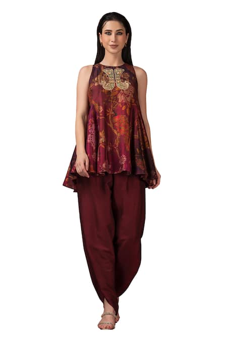 Buy_Sonia Baderia_Maroon Silk, Satin Embroidery Flared Floral Print Peplum Kurta And Tulip Pant Set _Online_at_Aza_Fashions