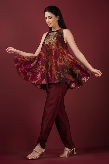 Shop_Sonia Baderia_Maroon Silk, Satin Embroidery Flared Floral Print Peplum Kurta And Tulip Pant Set _Online_at_Aza_Fashions
