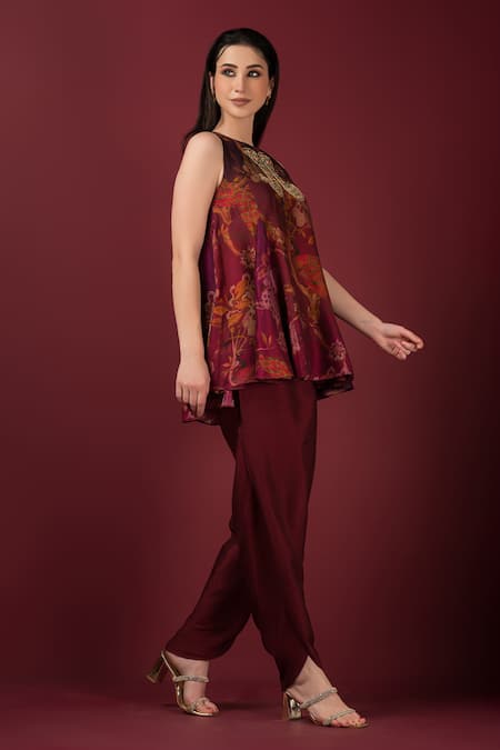 Sonia Baderia_Maroon Silk, Satin Embroidery Flared Floral Print Peplum Kurta And Tulip Pant Set _at_Aza_Fashions