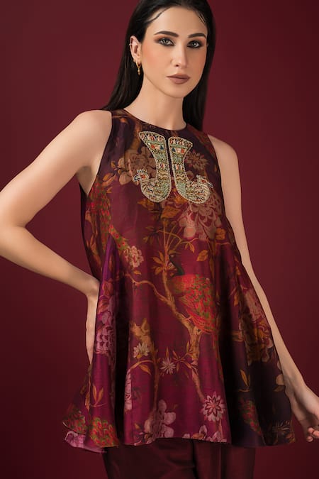 Buy_Sonia Baderia_Maroon Silk, Satin Embroidery Flared Floral Print Peplum Kurta And Tulip Pant Set 