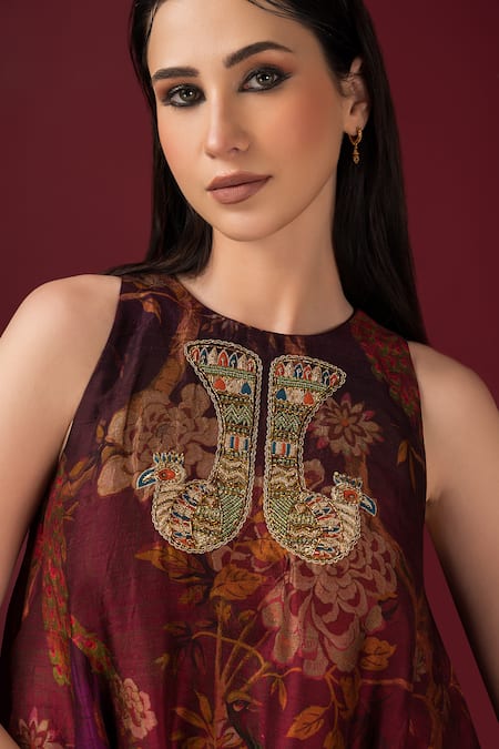 Shop_Sonia Baderia_Maroon Silk, Satin Embroidery Flared Floral Print Peplum Kurta And Tulip Pant Set 