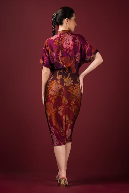 Shop_Sonia Baderia_Maroon Satin Collared Floral Print Draped Tie-up Dress _at_Aza_Fashions