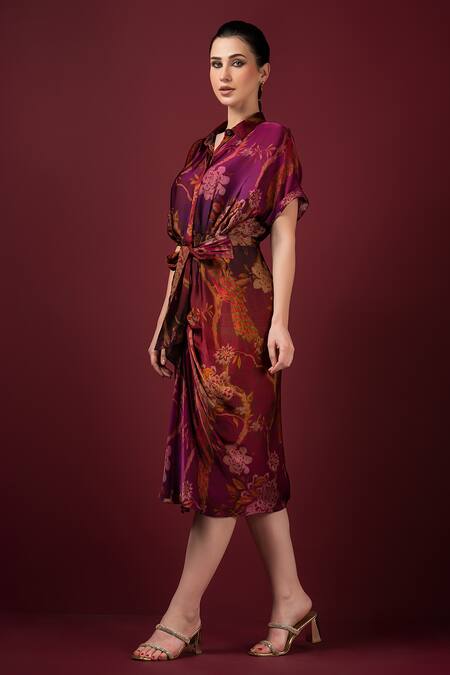Sonia Baderia_Maroon Satin Collared Floral Print Draped Tie-up Dress _Online_at_Aza_Fashions