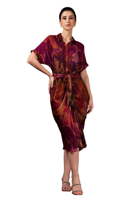 Buy_Sonia Baderia_Maroon Satin Collared Floral Print Draped Tie-up Dress _Online_at_Aza_Fashions
