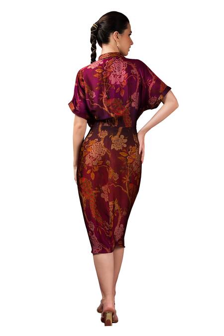 Shop_Sonia Baderia_Maroon Satin Collared Floral Print Draped Tie-up Dress _Online_at_Aza_Fashions