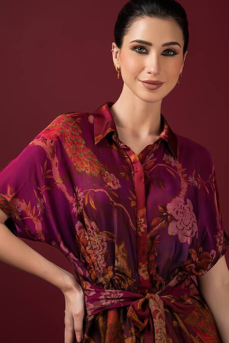 Sonia Baderia_Maroon Satin Collared Floral Print Draped Tie-up Dress _at_Aza_Fashions