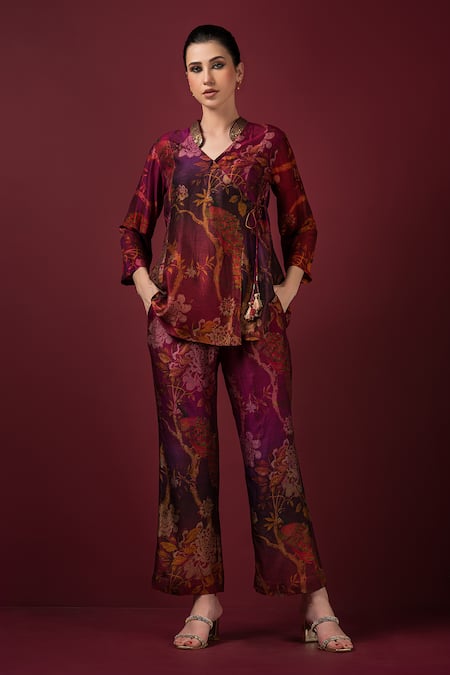 SONIA BADERIA Maroon Semi Raw Silk Printed Floral Collared Shirt And Pant Set 