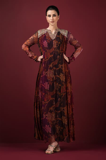 SONIA BADERIA Maroon Chiffon Printed Floral Notched Embroidered Maxi Gown 