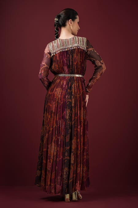 Shop_Sonia Baderia_Maroon Chiffon Sequins, Zari V-neck Embroidered Printed Maxi Gown _at_Aza_Fashions