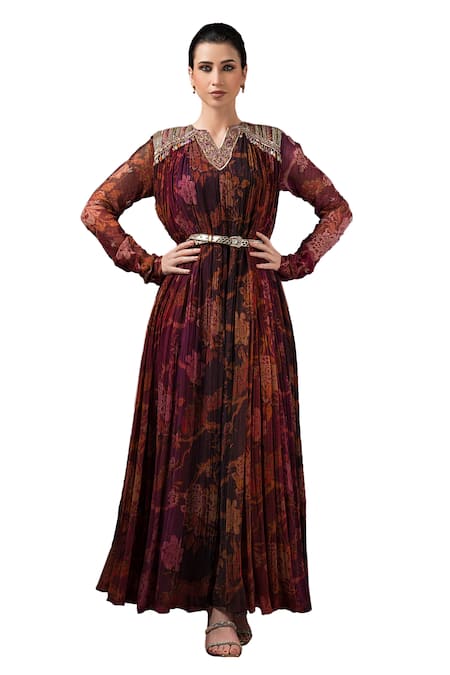 Sonia Baderia_Maroon Chiffon Sequins, Zari V-neck Embroidered Printed Maxi Gown _Online_at_Aza_Fashions