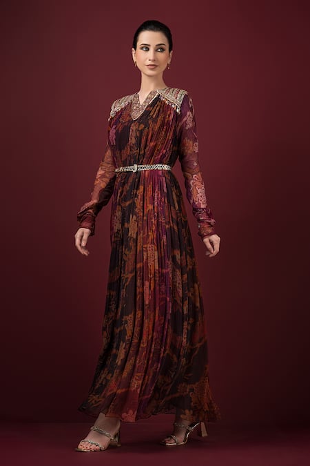 Buy_Sonia Baderia_Maroon Chiffon Sequins, Zari V-neck Embroidered Printed Maxi Gown _Online_at_Aza_Fashions