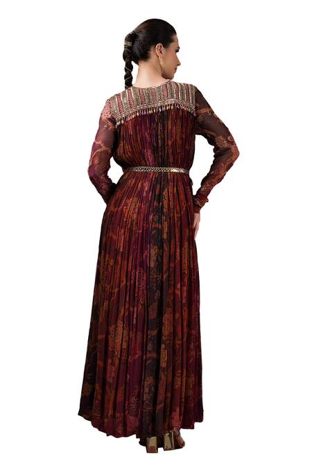 Shop_Sonia Baderia_Maroon Chiffon Sequins, Zari V-neck Embroidered Printed Maxi Gown _Online_at_Aza_Fashions