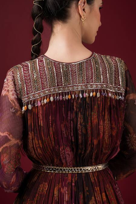 Sonia Baderia_Maroon Chiffon Sequins, Zari V-neck Embroidered Printed Maxi Gown _at_Aza_Fashions