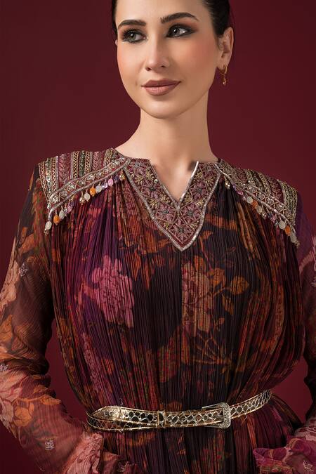 Buy_Sonia Baderia_Maroon Chiffon Sequins, Zari V-neck Embroidered Printed Maxi Gown 