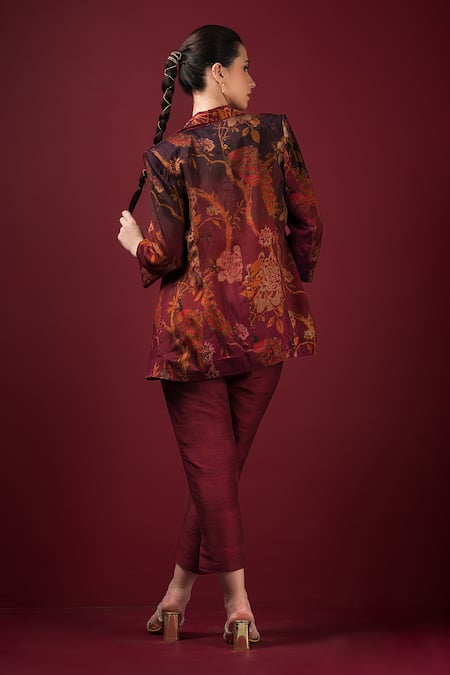 Shop_Sonia Baderia_Maroon Silk Embroidery Collared Floral Print Blazer Pant Set _at_Aza_Fashions