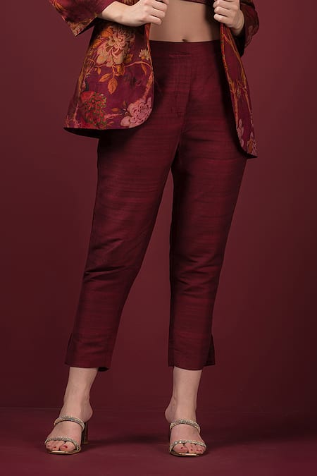 Sonia Baderia_Maroon Silk Embroidery Collared Floral Print Blazer Pant Set _Online_at_Aza_Fashions