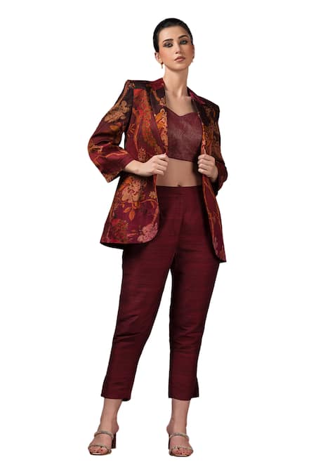 Buy_Sonia Baderia_Maroon Silk Embroidery Collared Floral Print Blazer Pant Set _Online_at_Aza_Fashions