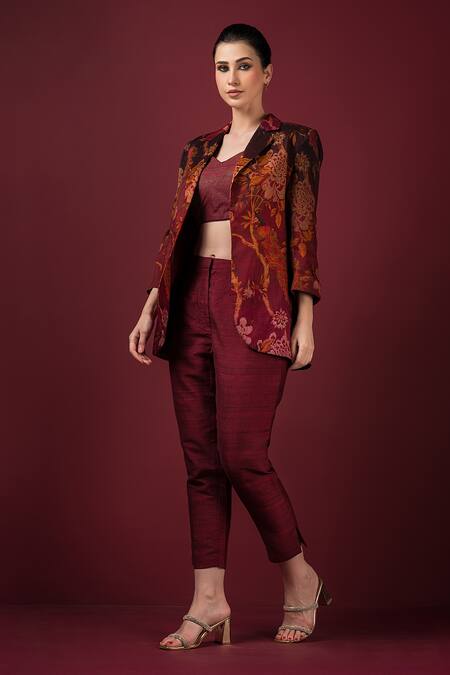 Shop_Sonia Baderia_Maroon Silk Embroidery Collared Floral Print Blazer Pant Set _Online_at_Aza_Fashions