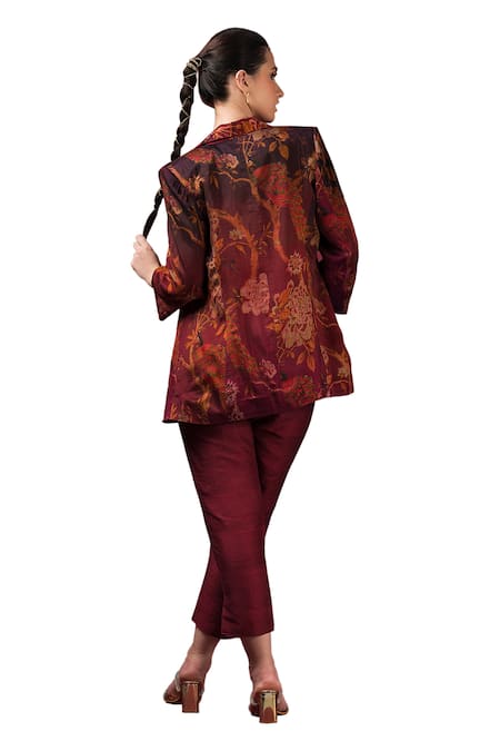 Sonia Baderia_Maroon Silk Embroidery Collared Floral Print Blazer Pant Set _at_Aza_Fashions