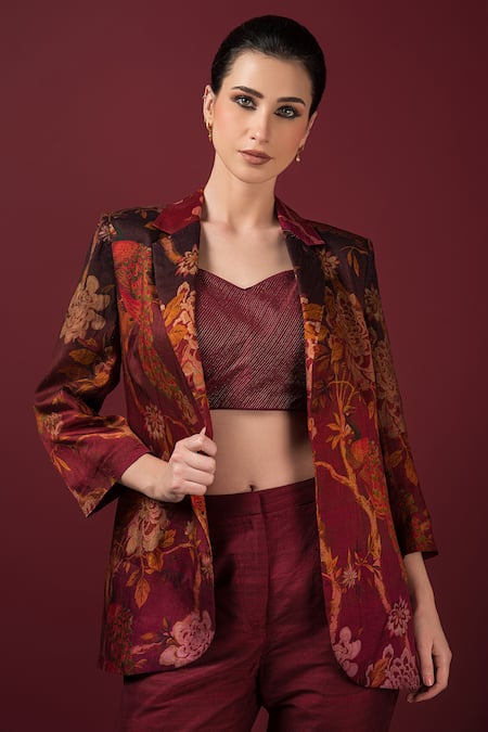 Buy_Sonia Baderia_Maroon Silk Embroidery Collared Floral Print Blazer Pant Set 