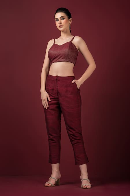 Shop_Sonia Baderia_Maroon Silk Embroidery Collared Floral Print Blazer Pant Set 