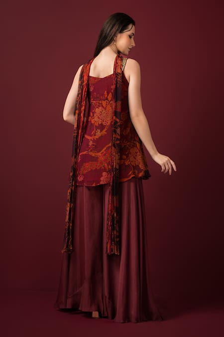 Shop_Sonia Baderia_Maroon Chiffon, Crepe Sequins, Embroidery Square Floral Print Kurta Sharara Set _at_Aza_Fashions