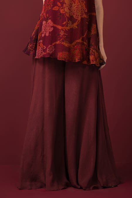 Sonia Baderia_Maroon Chiffon, Crepe Sequins, Embroidery Square Floral Print Kurta Sharara Set _Online_at_Aza_Fashions