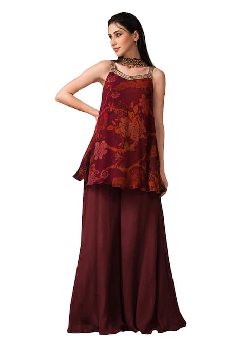 Buy_Sonia Baderia_Maroon Chiffon, Crepe Sequins, Embroidery Square Floral Print Kurta Sharara Set _Online_at_Aza_Fashions