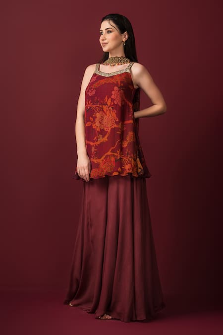 Shop_Sonia Baderia_Maroon Chiffon, Crepe Sequins, Embroidery Square Floral Print Kurta Sharara Set _Online_at_Aza_Fashions