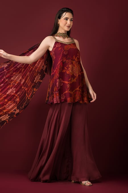 Sonia Baderia_Maroon Chiffon, Crepe Sequins, Embroidery Square Floral Print Kurta Sharara Set _at_Aza_Fashions