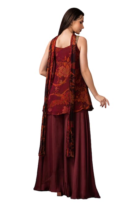 Buy_Sonia Baderia_Maroon Chiffon, Crepe Sequins, Embroidery Square Floral Print Kurta Sharara Set 