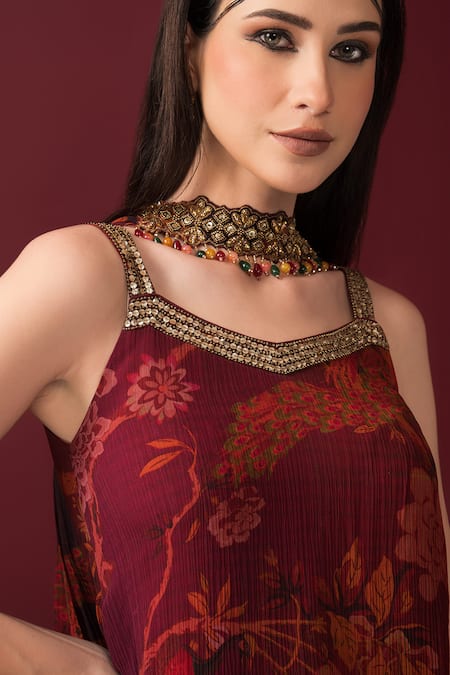 Shop_Sonia Baderia_Maroon Chiffon, Crepe Sequins, Embroidery Square Floral Print Kurta Sharara Set 