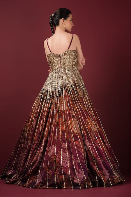 Shop_Sonia Baderia_Maroon Silk Sequins, Embroidery Square Neck, Printed Gown _at_Aza_Fashions