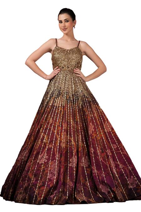 Sonia Baderia_Maroon Silk Sequins, Embroidery Square Neck, Printed Gown _Online_at_Aza_Fashions