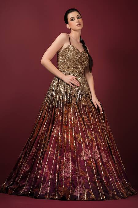 Shop_Sonia Baderia_Maroon Silk Sequins, Embroidery Square Neck, Printed Gown _Online_at_Aza_Fashions