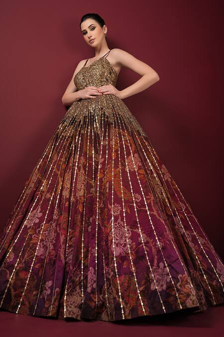 Sonia Baderia_Maroon Silk Sequins, Embroidery Square Neck, Printed Gown _at_Aza_Fashions