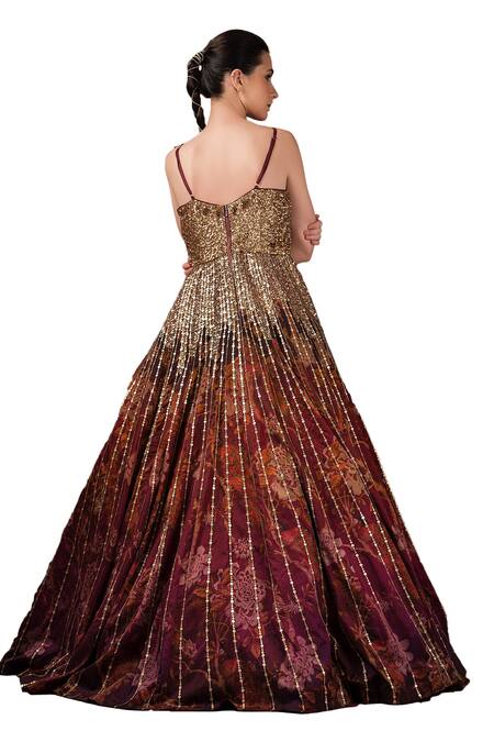 Buy_Sonia Baderia_Maroon Silk Sequins, Embroidery Square Neck, Printed Gown 