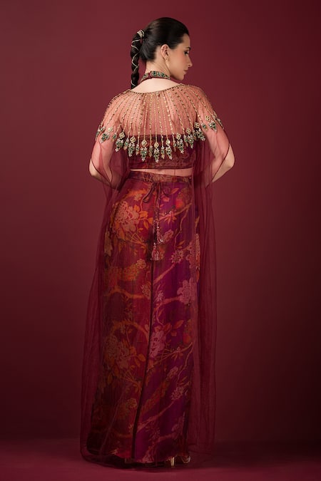 Shop Sonia Baderia Maroon Satin Beads, Cut Work V-neck Printed Embroidered Cape Pleated Pant Set at Aza Fashions Shop_Sonia Baderia_Maroon Satin Beads, Cut Work V-neck Printed Embroidered Cape Pleated Pant Set _at_Aza_Fashions