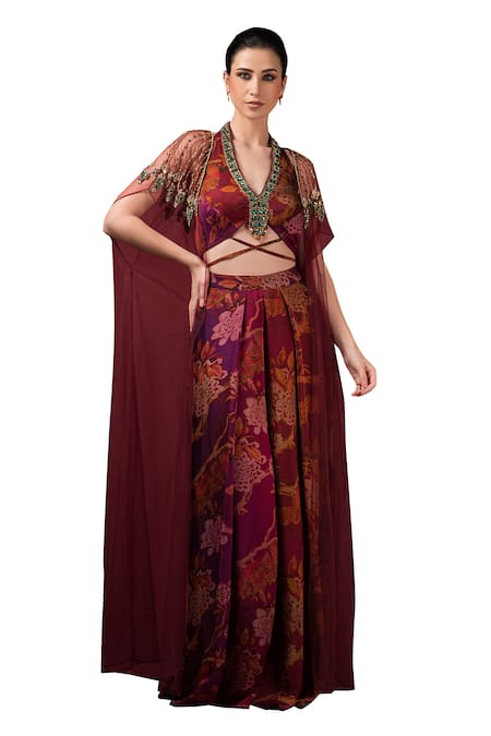 Sonia Baderia Maroon Satin Beads, Cut Work V-neck Printed Embroidered Cape Pleated Pant Set Online at Aza Fashions Sonia Baderia_Maroon Satin Beads, Cut Work V-neck Printed Embroidered Cape Pleated Pant Set _Online_at_Aza_Fashions