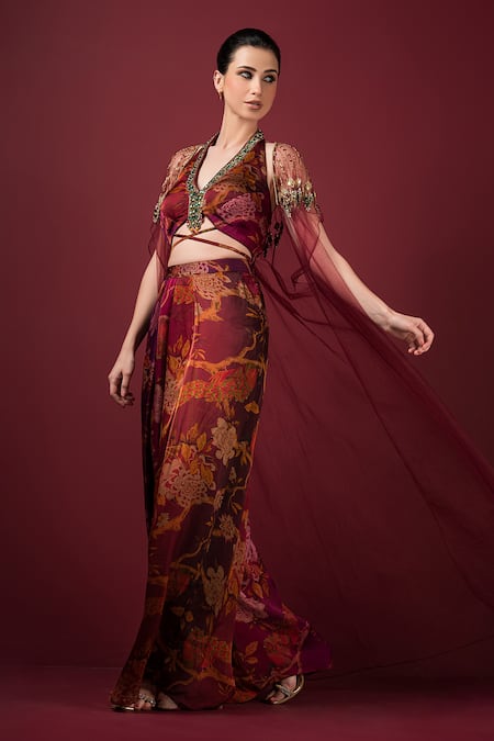 Buy Sonia Baderia Maroon Satin Beads, Cut Work V-neck Printed Embroidered Cape Pleated Pant Set Online at Aza Fashions Buy_Sonia Baderia_Maroon Satin Beads, Cut Work V-neck Printed Embroidered Cape Pleated Pant Set _Online_at_Aza_Fashions