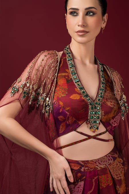 Sonia Baderia Maroon Satin Beads, Cut Work V-neck Printed Embroidered Cape Pleated Pant Set at Aza Fashions Sonia Baderia_Maroon Satin Beads, Cut Work V-neck Printed Embroidered Cape Pleated Pant Set _at_Aza_Fashions