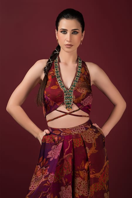 Buy Sonia Baderia Maroon Satin Beads, Cut Work V-neck Printed Embroidered Cape Pleated Pant Set Buy_Sonia Baderia_Maroon Satin Beads, Cut Work V-neck Printed Embroidered Cape Pleated Pant Set