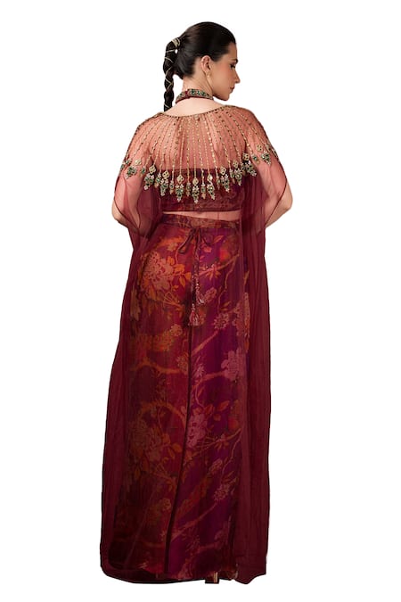 Shop Sonia Baderia Maroon Satin Beads, Cut Work V-neck Printed Embroidered Cape Pleated Pant Set Shop_Sonia Baderia_Maroon Satin Beads, Cut Work V-neck Printed Embroidered Cape Pleated Pant Set