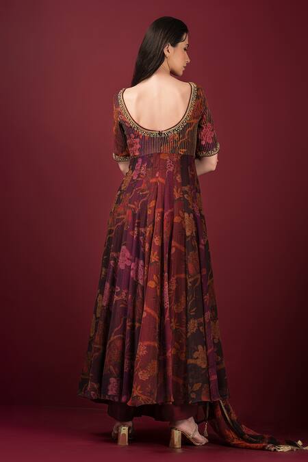 Shop_Sonia Baderia_Maroon Chiffon, Lurex, Silk Stones Asymmetric Vrindavan Print Anarkali Set _at_Aza_Fashions