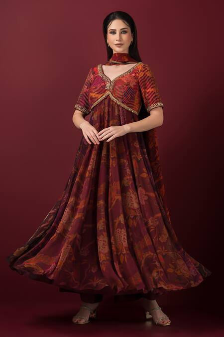 Sonia Baderia_Maroon Chiffon, Lurex, Silk Stones Asymmetric Vrindavan Print Anarkali Set _Online_at_Aza_Fashions