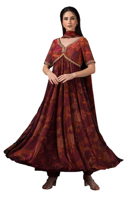 Buy_Sonia Baderia_Maroon Chiffon, Lurex, Silk Stones Asymmetric Vrindavan Print Anarkali Set _Online_at_Aza_Fashions