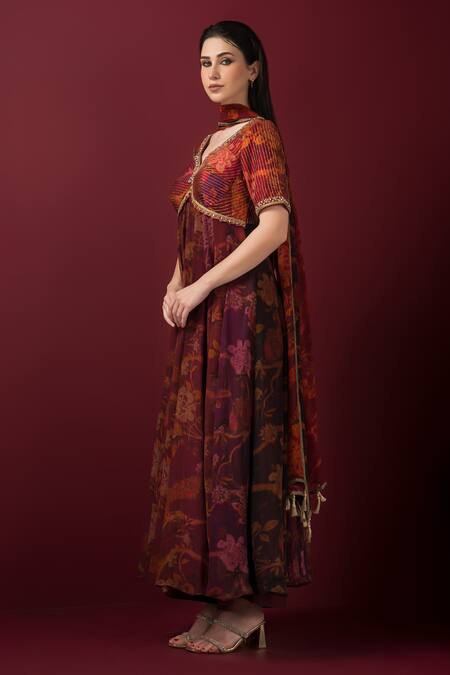 Shop_Sonia Baderia_Maroon Chiffon, Lurex, Silk Stones Asymmetric Vrindavan Print Anarkali Set _Online_at_Aza_Fashions